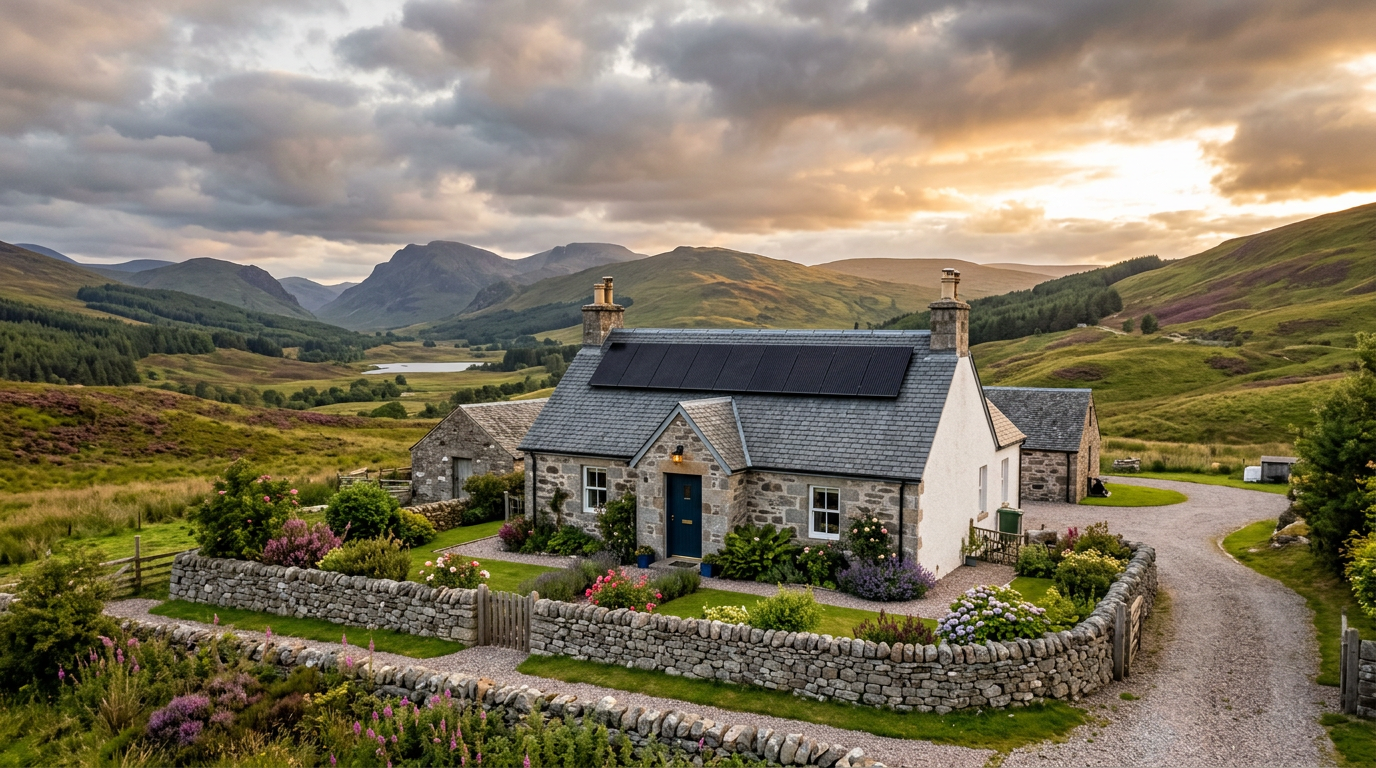Scottish stone cottage with solar panels on its slate roof